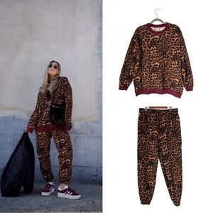 HDYWT Set Leopard Sweatshirt Sweatpants Top Pants Joggers Size S M